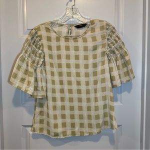 Zink London Green Plaid Print Short Sleeve Blouse M